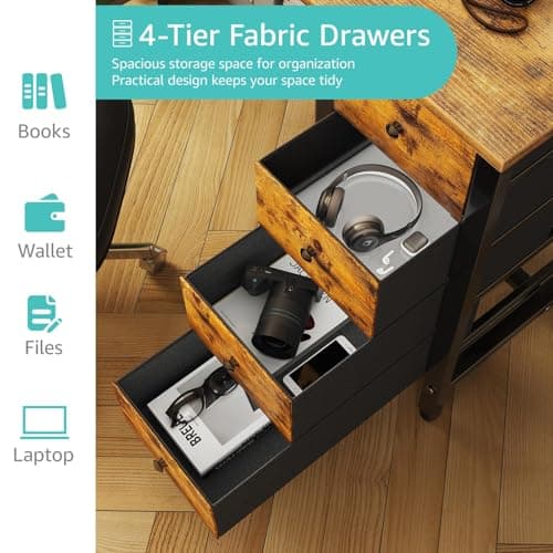 Lufeiya 40 inch Computer Desk with 4 Fabric Drawers, Kids Student Reversible Small Desks for Home Office Small Space, Work PC Desk Table for Bedroom, Rustic Brown