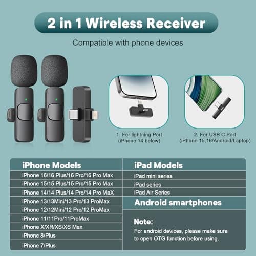 MAYBESTA 2 in 1 Wireless Mini Microphone for iPhone, iPad, Android Phone - Bluetooth Lavalier Lapel Mic for Video Recording - Clip on USB C Microphones for YouTube Tiktok Podcast Vlogging
