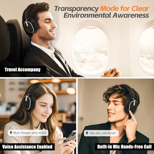 Hybrid Active Noise Cancelling Headphones, Wireless Over Ear Bluetooth Headphones, Foldable Wireless Headset, 60H Playtime, Hi-Res Audio, Deep Bass, Memory Foam Ear Cups, Perfect for Travel & Office