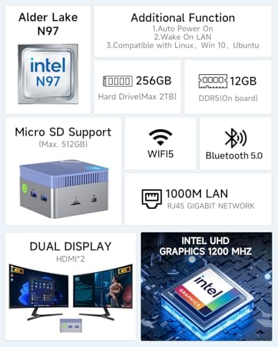 GMKtec Mini PC, G5 Micro Desktop Computer, 12th Gen Intel Alder Lake N97 (up to 3.60GHz) 12GB DDR5 256GB Hard Drive for Business, School, Office Sky Blue