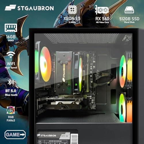 STGAubron Gaming PC Computer Desktop, Radeon RX 560 4G, Intel i7 Xeon E5 up to 3.0GHz, 16GB RAM, 512GB SSD, WiFi, BT 5.0, RGB Fan x3, Windows 10 Home for Gamer, Streaming
