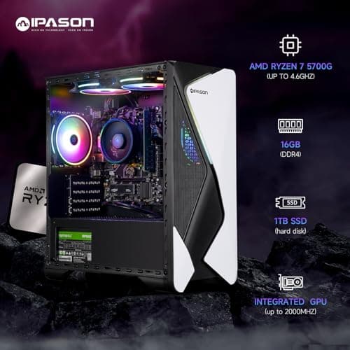 Gaming Desktop PC – AMD Ryzen7 5700G 3.8GHz, AMD Radeon Graphics（Integrated ）, 1TB NVME PCIe Gen4 SSD, 16GB DDR4 RAM 3200, 550W PSU, Windows 11 Home 64-bit Pre-Built PC（White & Black）