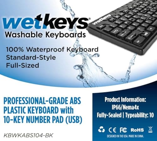 WetKeys Professional-Grade Full-Size ABS Plastic Washable Keyboard with 10-Key Number-pad (USB) (Black) | KBWKABS104-BK