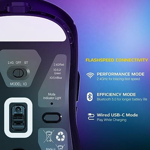 ATTACK SHARK X3 Lightweight Wireless Gaming Mouse, 49g Tri-Mode Bluetooth/2.4G/USB-C Wired Mouse, PAW3395 26K DPI Sensor, 200h Battery Life, Programmable Buttons, Griptape for PC/Laptop/Mac