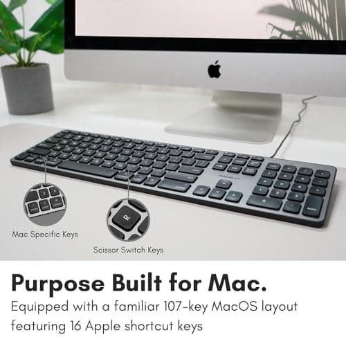 Macally Backlit Mac Keyboard - Quiet, Sleek, and Functional - 3 Brightness Levels, 107 Keys, 5ft USB Wired - Apple Keyboard - Backlit Wired for Mac, iMac, MacBook Pro/Air - Space Gray