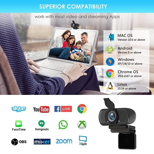 Full HD 1080P Webcam with Privacy Shutter and Tripod, Pro Streaming Web Camera with Microphone, Widescreen USB Computer Camera for Laptop Desktop