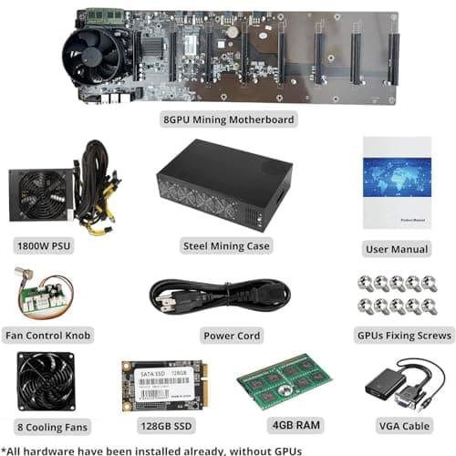 GPU Mining Rig Complete Mining Server Case for Ethereum/ETH Crypto Mining Prebuilt 8 GPU Mining Motherboard, 1800W PSU, 8 Cooling Fans, 4GB RAM,(without GPUs) -Black