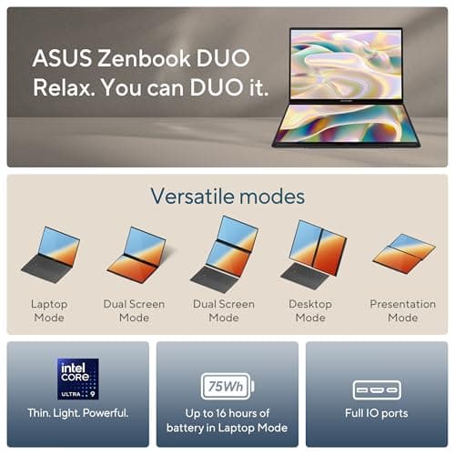 ASUS Zenbook DUO Laptop, Dual 14” OLED 3K 120Hz Touch Display, Evo, Intel Core Ultra 9 285H, Intel Arc Graphics, 32GB RAM, 1TB SSD, Windows 11, UX8406CA-PS99T