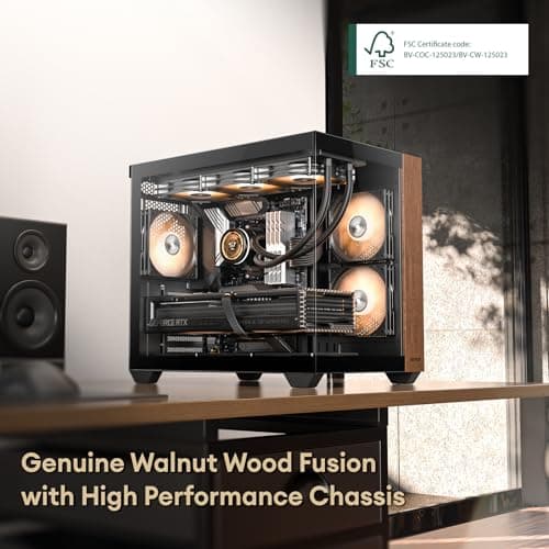 Genuine Walnut Wood PC Case, Pre-Installed 4 x 120mm ARGB & PWM Fans, Type-C Port, Panoramic View Tempered Glass Side Panel, Black, ATX Case, Mid-Tower, Mirage 6