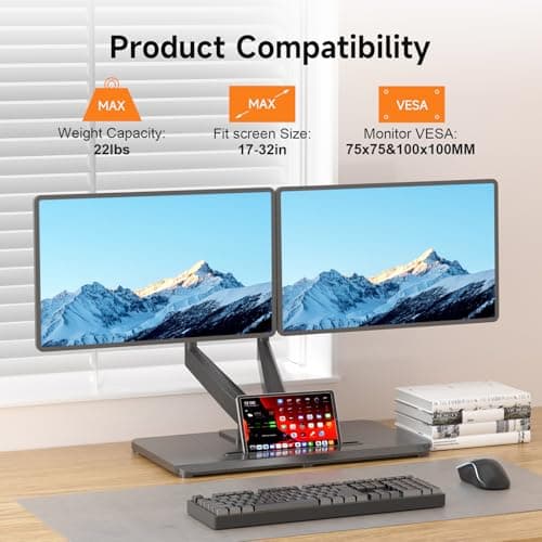 Pholiten Adjustable Dual Monitor Arms with Gas Spring for 17-32 inch Screens,Pneumatic Dual VESA Monitor Mount with Base,Freestanding Full Motion Dual Monitor Desk Stand Holds up to 22 lbs Each. ﻿
