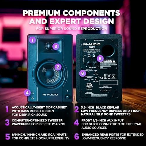 M-Audio BX3 3.5" Studio Monitors, HD PC Speakers for Recording and Multimedia with Music Production Software, 120W, Pair, Black