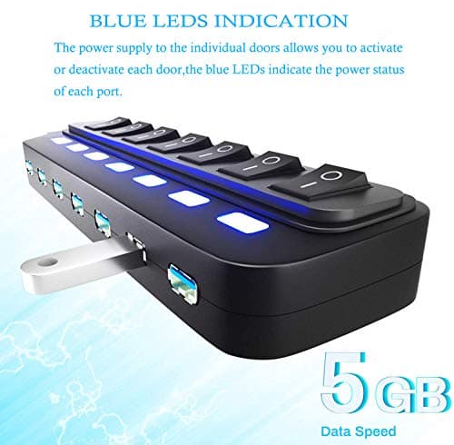 USB Hub 3.0, 7 Port USB Hub Splitter with Individual On/Off LED Switches, 5Gbps HighSpeed Data USB Extension for Laptop, iMac, USB Flash Drives, Mobile HDD, Printer, Camera and More