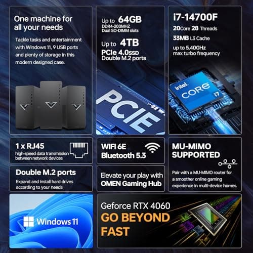 HP Victus 15L i7 RTX 4060 Premium Gaming Desktop, Intel i7-14700F (Beats i9-12900F), GeForce RTX 4060, 32GB RAM, 1TB SSD, RJ-45, DisplayPort, Wi-Fi 6, W11P, Black Bundle with Adata 512 External SSD