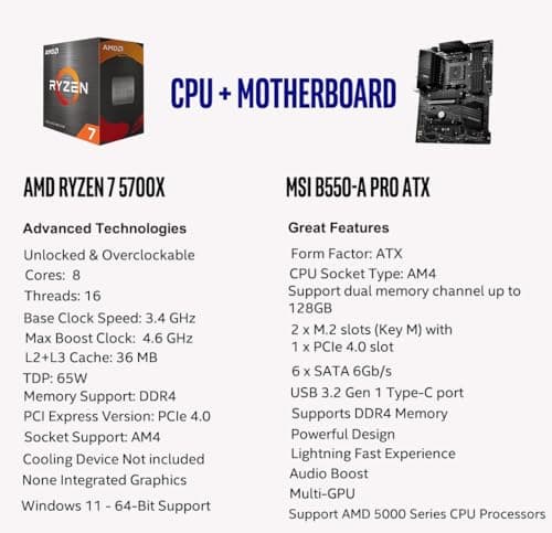 INLAND AMD Ryzen 7 5700X 8-Core 16-Thread Unlocked Desktop Processor with MSI B550-A PRO ProSeries Motherboard (AMD AM4, DDR4, PCIe 4.0, SATA 6Gb/s, M.2, USB 3.2 Gen 2 ATX)