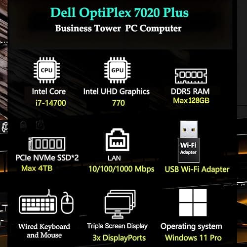 Dell OptiPlex 7020 Plus Tower 7000 Business Desktop Computer, 14th Gen Intel 20-Core i7-14700 up to 5.4GHz, 64GB DDR5 RAM, 2TB PCIe SSD, DVDRW, WiFi Adapter, Ethernet, Keyboard Mouse, Windows 11 Pro
