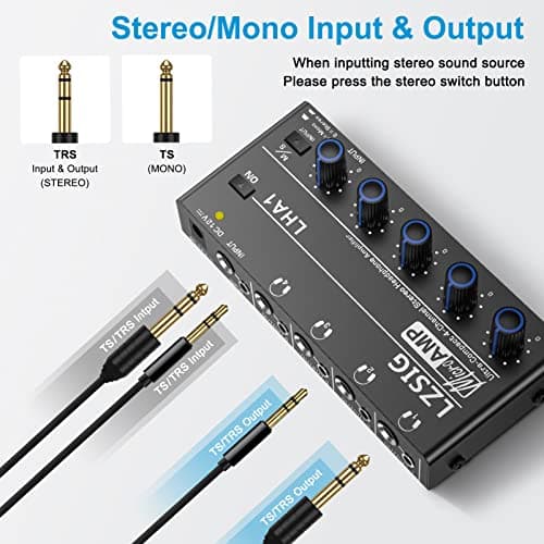 LZSIG Headphone Amplifier 4 Channel Metal Stereo Audio Amplifier, Mini Earphone Splitter with Power Adapter, 1/4" & 1/8" TRS Headphones Output and TRS Audio Input, DC 12V
