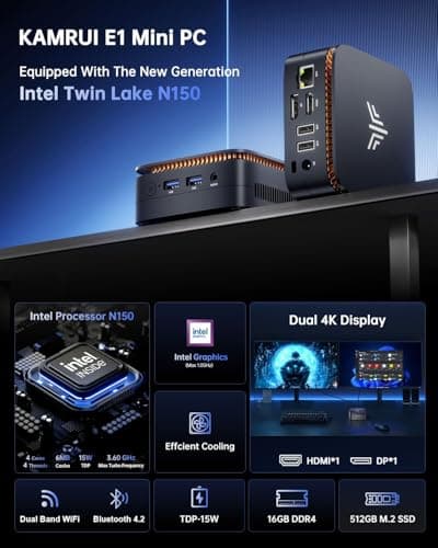 KAMRUI Mini PC, 16GB DDR4 RAM 512GB M.2 SSD, Mini Computer Intel Twin Lake N150 (Upgraded N100, 4 Cores, up to 3.6GHz), Desktop Computer Dual 4K, Ethernet, WiFi, Bluetooth for Business, Office, Home
