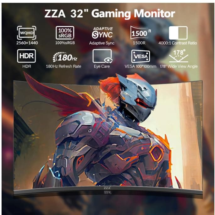 ZZA 32-Inch QHD Curved Gaming Monitor - 2K Resolution, 165Hz Refresh Rate, 1ms Response Time, FreeSync & G-Sync, HDR10, 122% sRGB Coverage, DP/HDMI, VESA Mount Compatible