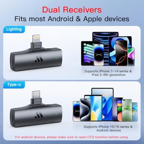 2pcs Dual Receivers Mini Microphone for iPhone 7-16 iPad Android Video Recording,Lavalier Wireless Microphone for Game Live Streaming,Interviews,YouTube,TikTok,Vlog,Gift