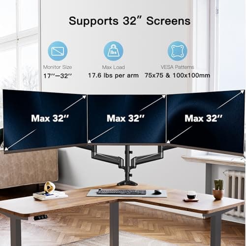 HUANUO Triple Monitor Mount for 17 to 32 inch Screens, Gas Springs Adjustment Triple Monitor Stand with Swivel, Tilt, Rotation, Clamp & Grommet Kit (Black)