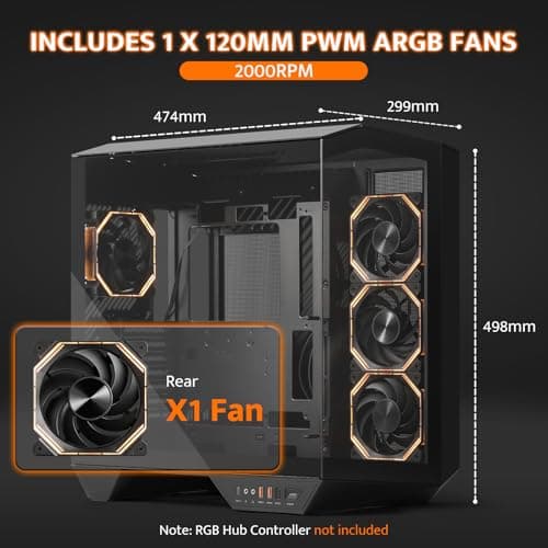 darkFlash Full-Tower ATX Gaming PC Case, Back Plug-in Motherboard, Dual-Chamber, Panoramic Glass, Up to 2 x 360mm Radiators, RTX 40 Compatible(DY470) (4 PWM ARGB Fans, Black)
