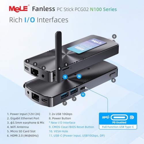 MeLE PCG02 N100 Slim Mini PC Stick Windows 11 Home 4GB/128GB, Full Function USB-C Fanless Mini Computer Stick 2X HDMI 4K Display 2.4/5G WiFi BT5.1 GbE Micro PC with Vesa, on Office IoT Digital Signage