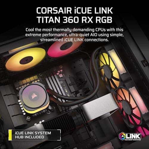 CORSAIR iCUE Link Titan 360 RX RGB Liquid CPU Cooler – 360mm AIO – Low-Noise – FlowDrive Cooling Engine – Intel LGA 1851/1700, AMD AM5/AM4 – 3X RX120 RGB Fans – iCUE Link System Hub Included – Black