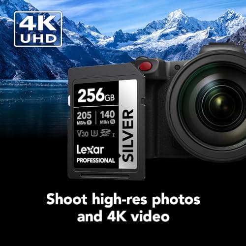 Lexar 256GB Professional Silver SD Card, UHS-I, C10, U3, V30, 4K, Up to 205/140 MB/s SDXC Memory Card, for Professional Photographer, Videographer, Enthusiast (LSDSILV256G-BNNNU)