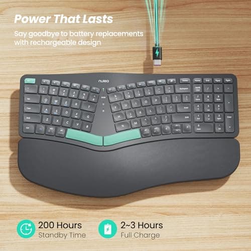 Nulea Wireless Ergonomic Keyboard, Split Keyboard with Cushioned Wrist Rest, Bluetooth and USB Connectivity, USB-C Rechargeable, Compatible with Windows Mac