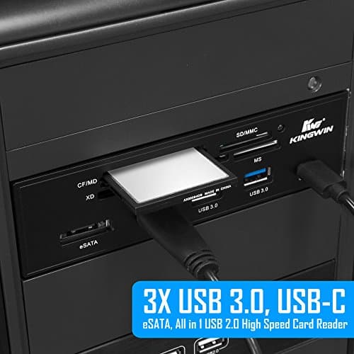 Kingwin Powered USB Hub 3.0 w/ 1 USB-C Port, SD Card Reader & Micro SD Card Reader - Sata Power Port w/Lightning Speed Data Transfer Up to 5Gbps - 5.25" Computer Case Front Bay, black (KW525-3U3CR)