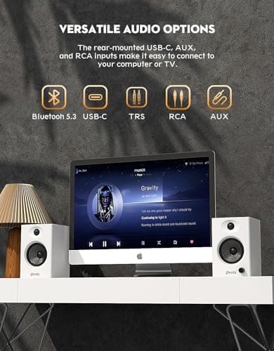 OHAYO 60W Computer Speakers for Gaming and Music, Active Bluetooth 5.3, Stereo 2.0 Speakers for Desktop PC Monitor or Laptop, Surround Sound Speaker, 3.5 mm Aux RCA Input, USB-Powered, 1 Pair, White