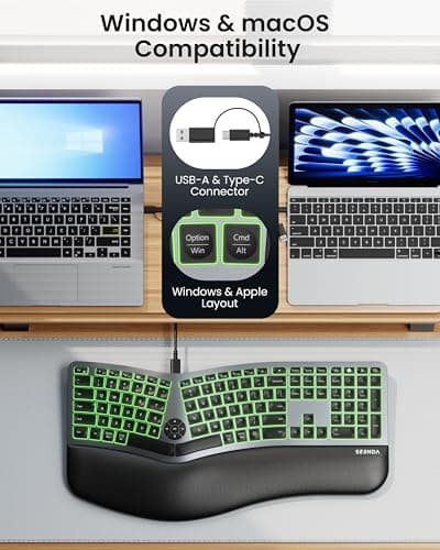 seenda 7-Color Backlit Wired Ergonomic Keyboard, KUW01 USB & Type-C Wired Split Keyboard, Cushioned Wrist Rest, Full Size with NumPad, Compatible for Windows, macOS, PC, Laptop, MacBook - Black Gray