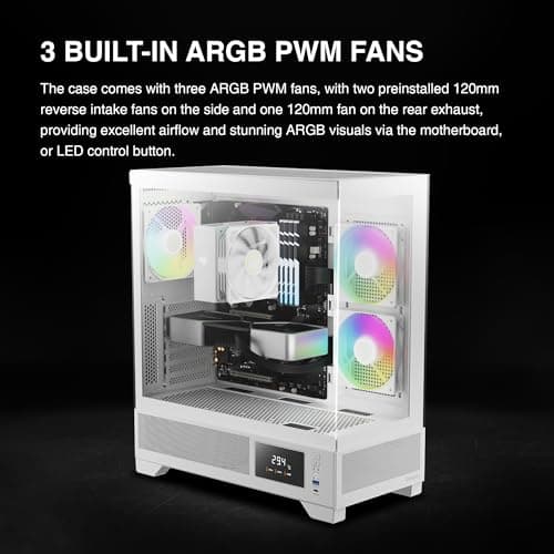 GAMDIAS White Mid Tower Gaming Computer Case w/Display& App, ATX Tempered Glass PC Case, Built-in 3x120mm ARGB PWM Fans, Up to RTX GPU/VGA 410mm & 360mm AIO/Radiator & 6x120mm Fans & 160mm CPU Cooler
