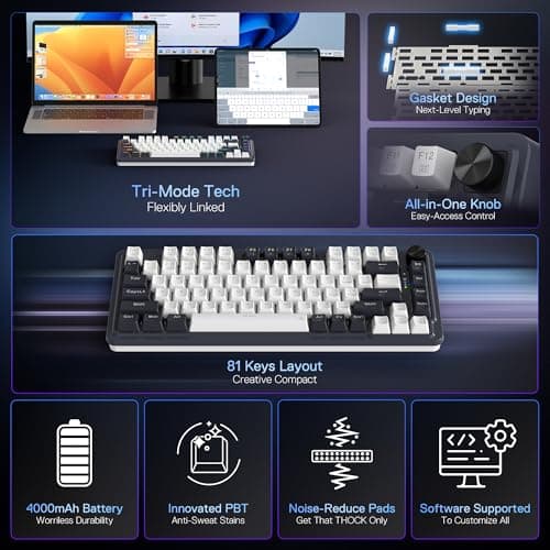 Redragon K673 PRO 75% Wireless Gasket RGB Gaming Keyboard, 3-Modes 81 Keys Compact Mechanical Keyboard Hot-Swap Socket, Dedicated Knob Control and Sound Absorbing Pads, Linear Red Switch