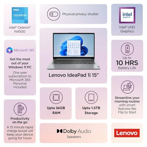 Lenovo IdeaPad 1i Laptop with Microsoft 365 Home and Business • 12GB RAM • 1TB Cloud Storage and 256GB SSD • Intel Core • 15 Anti-Glare Screen • WiFi-6 • 11HR Battery • Windows 11 • w/o Earbuds