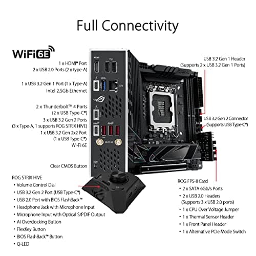 ASUS ROG Strix Z790-I Gaming WiFi Intel® Z790 LGA 1700 Mini-ITX motherboard, 10 + 1 power stages, DDR5, two M.2 slots, PCIe® 5.0, WiFi 6E, Thunderbolt™ 4, and USB 3.2 Gen 2x2 Type-C®