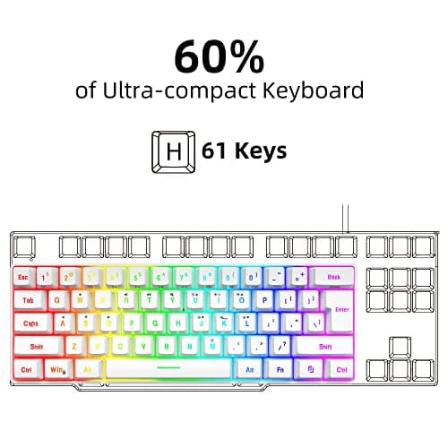 Snpurdiri 60% Wired Gaming Keyboard, 61 Keys RGB Backlit Wrist Rest Ultra-Compact Mini Waterproof Keyboard for PC Computer Gamer (White)