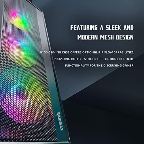 RAIDMAX V100 Gaming Case with 4 Pre-Installed Rainbow Fans, ATX Mid Tower Case, Gaming PC Black (V100TBS)