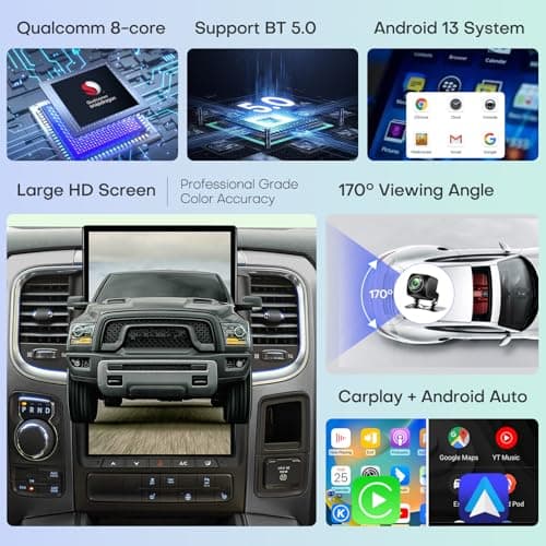 Qualcomm Car Radio for Dodge Ram 2013-2019 Stereo Replacement Head Unit 14.4 Inch 2K IPS Touch Screen Tesla Style Carplay Android Auto GPS Navigation