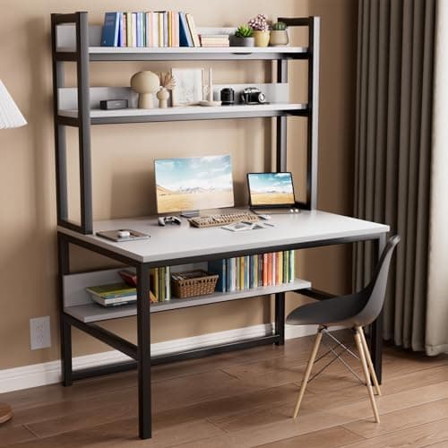 Aquzee Computer Desk with Shelves, 47" W x 23.6" D Gaming Desk with Hutch and Bookshelf, White Study Table for Bedroom Space Saving with 3 Tier Storage Shelf, Home Office Desk for Writing Work