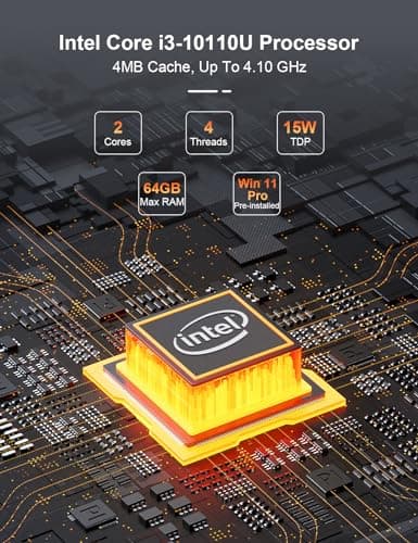 Baieyu Industrial PC with Core i3-10110U (Up to 4.10GHz), 8GB DDR4 RAM 256GB M.2 SSD, Fanless Industrial PC, 2×RS232 COM, Support RS422/RS485, 1×GPIO, 2×HD, 1×DP, 2×RJ45 LAN, 6×USB Port, Win 11 Pro