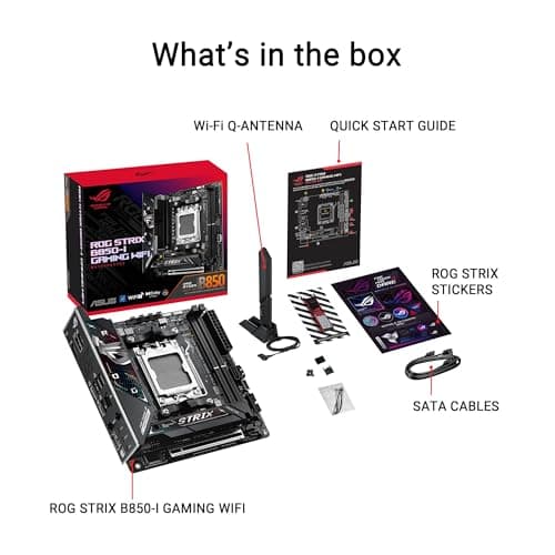 ASUS ROG Strix B850-I Gaming WiFi AMD AM5 B850 Mini-ITX mITX Motherboard 10+2+1 Stages, DDR5, 2.5G LAN, WiFi 7, 2X M.2, PCIe® 5.0 x16, USB 20Gbps Type-C®, AI Overclocking, AI Networking II, Aura Sync