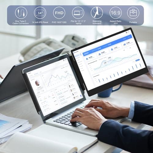 Laptop Screen Extender, 14" FHD 1080P IPS Laptop Monitor Extender Dual Screen, Portable Monitor for Laptops 13-17" with USB-C/HDMI Port, Plug n Play for Windows/Mac/Android/Switch/PS5