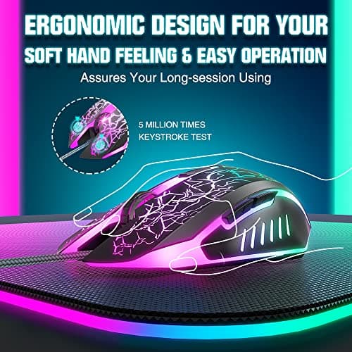 BENGOO Gaming Mouse Wired, Ergonomic Gamer Laptop PC Optical Computer Mice with RGB Backlit, 4 Adjustable DPI Up to 3600, 6 Programmable Buttons for Windows 7/8/10/XP Vista Linux -Black