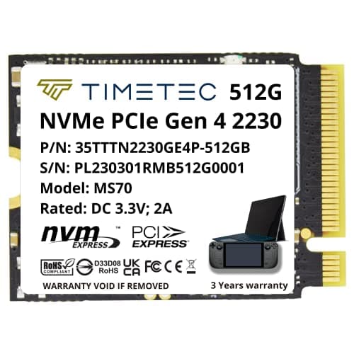 Timetec 512GB M.2 2230 SSD NVMe PCIe Gen4x4 Read Up to 4,800 MB/s Compatible with Steam Deck, ASUS ROG Ally, Microsoft Surface pro 9/ pro 8/pro 7+/pro X/laptop3/laptop4/laptop go/book3, Mini PCs