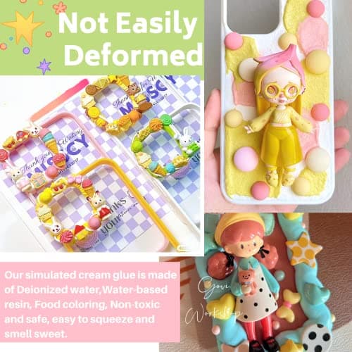 ASTRYAS Decoden Fake Cream Glue, 9 PCS Simulation Whipped Cream Clay Glue DIY Phone Case Kit Silicone Cream Adhesive Set with Plastic Decorating Mouth for Phone Handmade Craft,Crystal