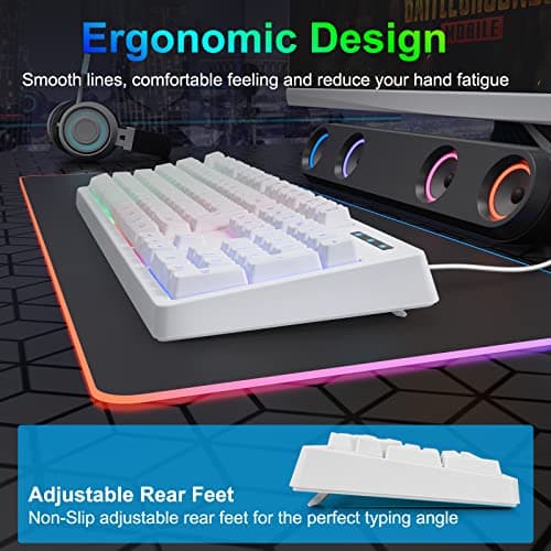HUO JI White Gaming Keyboard USB Wired with Rainbow LED Backlit, Floating Keys, Mechanical Feeling, Spill Resistant, Ergonomic for Xbox, PS Series, Desktop, Computer, PC