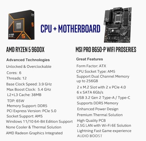 INLAND AMD Ryzen 5 9600X 6-Core 12-Thread AM5 5.4 GHz Unlocked Desktop Processor with PRO B650-P WiFi ProSeries Motherboard (ATX, DDR5, PCIe 4.0)
