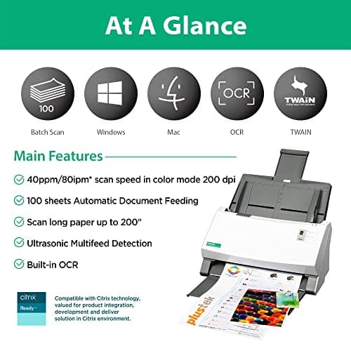 Plustek PS3140U Duplex Document Scanner, Citrix Ready & Twain Support for PC and Mac, Scan and Save Batch Documents