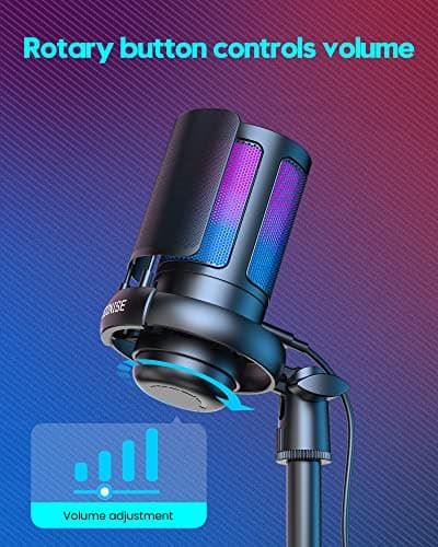 Gaming Microphone, USB PC Mic for Podcasts Videos, Streaming, Condenser Mic with Quick Mute, Tripod Stand, Pop Filter, RGB Indicator, Shock Mount, Rotate gain button, Compatible with PS4/5/PC